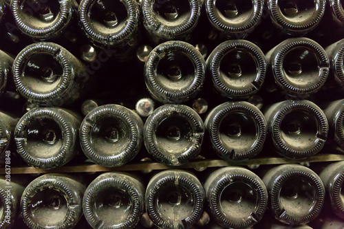 The stage of secondary fermentation in the manufacture of champagne. Classical manufacturing technology. © Aleksandr