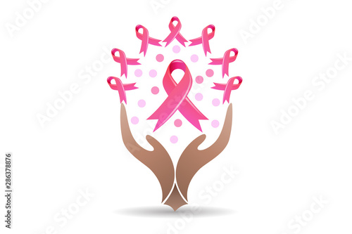 Hands care awareness ribbon breast cancer icon logo vector image