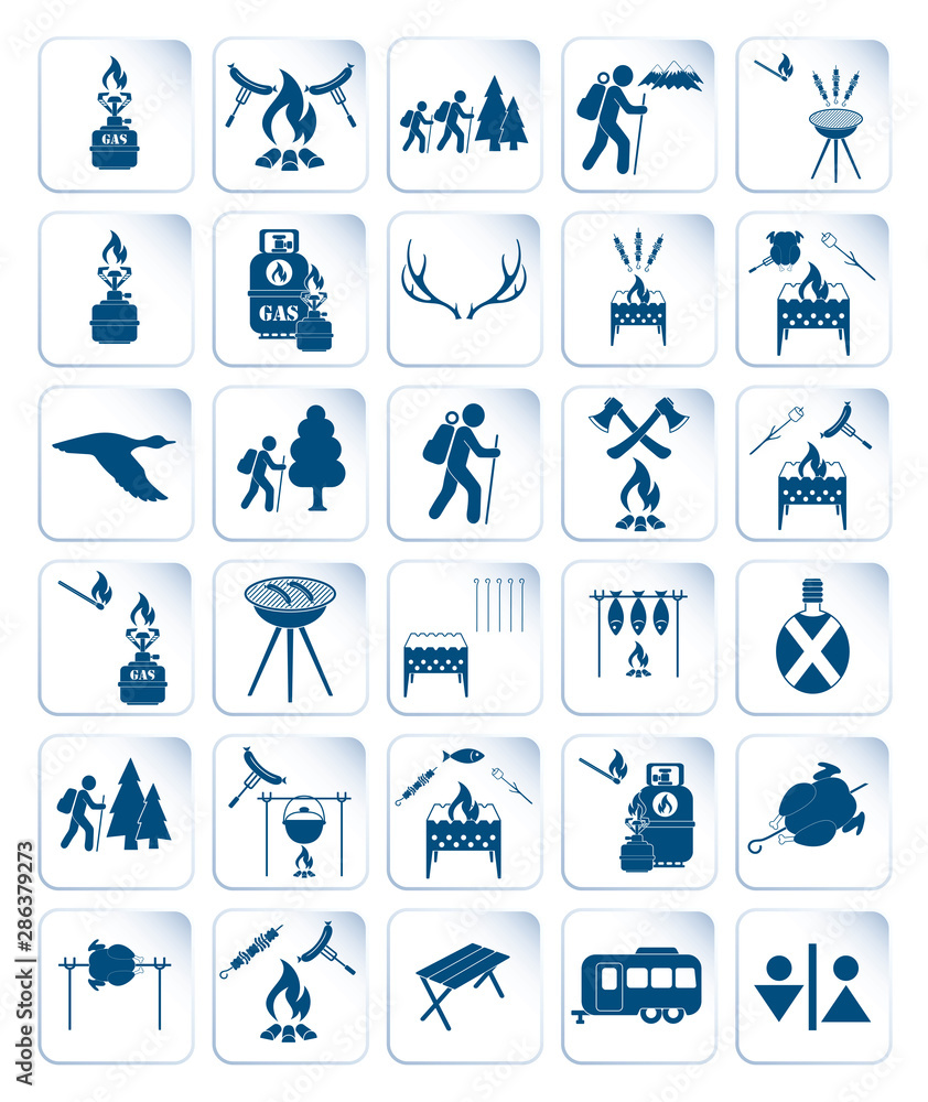 Set of travel and camping equipment icons Set of travel and camping equipment icons