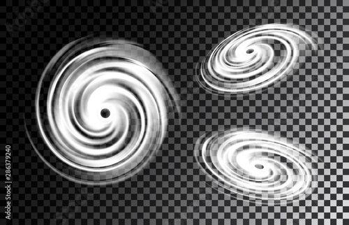 Set of realistic tornados, destructive hurricane isolated on background. Light hurricane effect. Hurricane tornado mockup. Transparent storm twister. Swirl tornado air effect. Wind cyclone. EPS 10