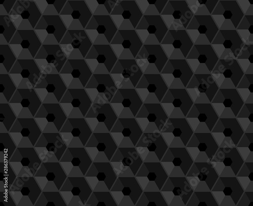 Hexagonal vector black embossed seamless pattern. Plastic hexagon grid dark background. Hexagon cell with hole endless texture. Web page fill geometric pattern