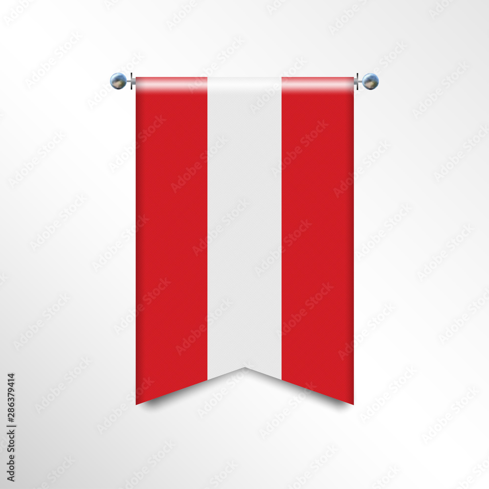Flag of AUSTRIA with texture. Realistic banner Hanging on a Silver Metallic Poles. Triangle flag hanging. Vertical austrian icon template isolated on a white background. National flag concept. EPS10.