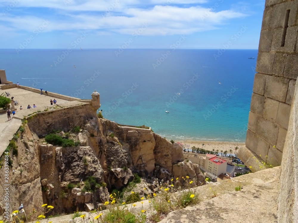 Panoramic view over the sand beach of Alicante from the Castle of Santa Barbara in Alicante