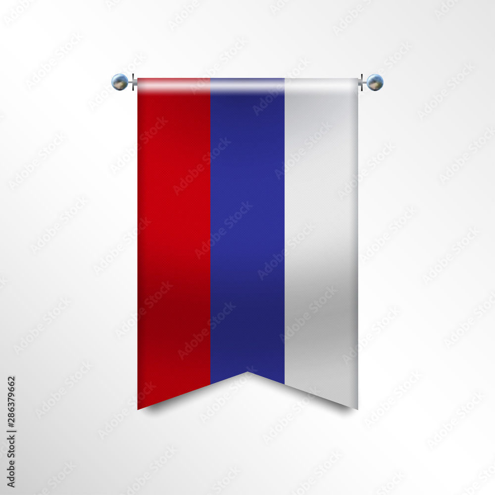 Flag of RUSSIA with texture. Realistic vector banner Hanging on a Silver Metallic Poles.Triangle flag hanging. Vertical russian icon template isolated on a white background.National flag concept.EPS10