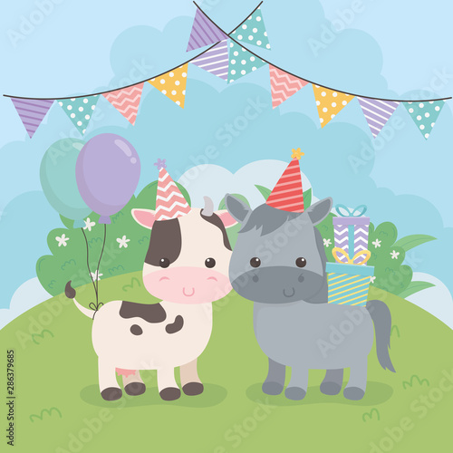 cute hors and cow in birthday party scene