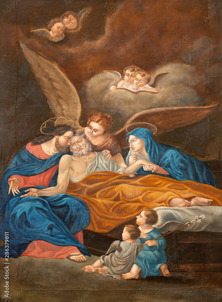 MALCESINE, ITALY - JUNE 13, 2019: The painting of The painting of Death of St. Joseph in church Chiesa di Santo Stefano by unknown artist of 20. cent.