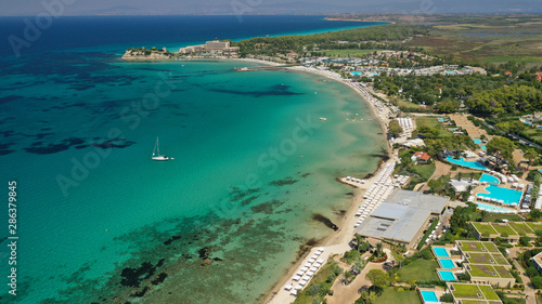 Aerial drone photo from iconic village of Sani with unique nature in North Kassandra peninsula, Halkidiki, North Greece