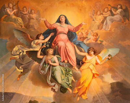 Canvas-taulu RIVA DEL GARDA, ITALY - JUNE 13, 2019: The part of the painting Assumption in church Chiesa di Santa Maria Assunta by Giuseppe Craffonara (1830)