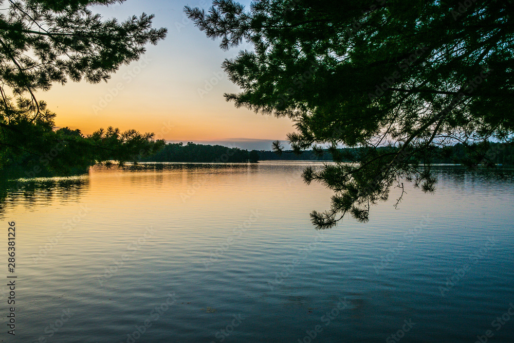 lake at sunset with trees