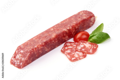 Dried Square sausage, dry salami, isolated on white background