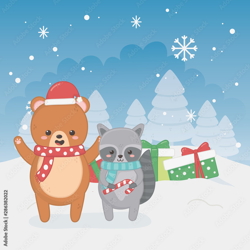 happy merry christmas card with bear teddy and raccoon happy merry christmas card with bear teddy and raccoon