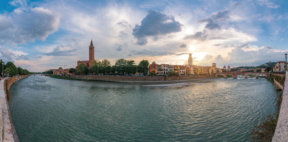 Panoramic view of Verona on Adige river in the evening