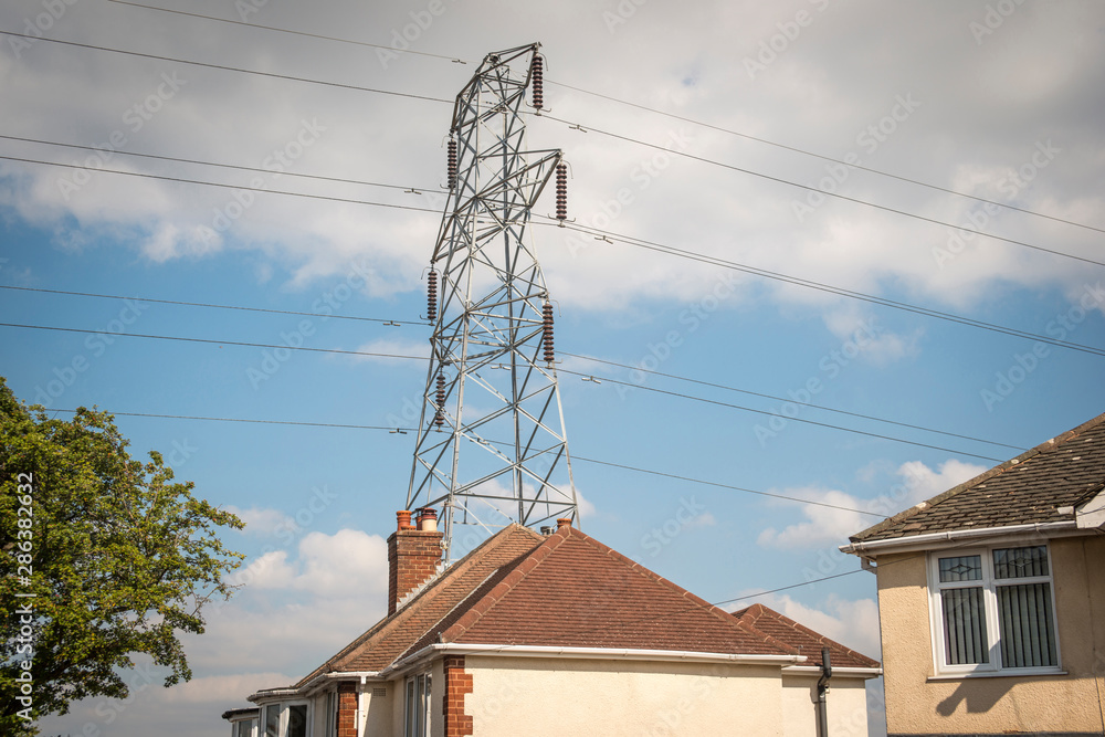 Power lines passing over residential area, UK Power lines passing over residential area, UK