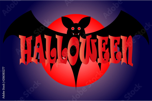 Cartel de halloween con un murciélago negro y una luna de sangre.