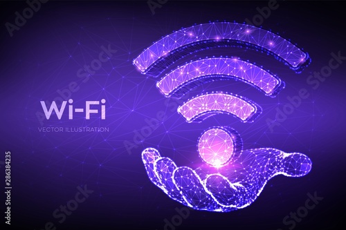 Wi-Fi network icon. Low poly abstract Wi Fi sign in hand. Wlan access, wireless hotspot signal symbol. Mobile connection zone. Router or mobile transmission. 3D polygonal vector illustration.