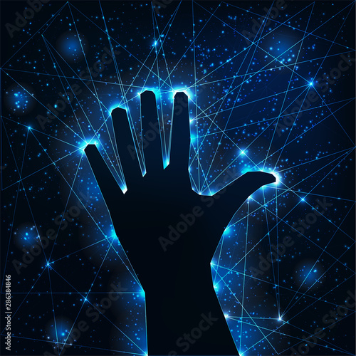 Dark raised hand silhouette on futuristic glowing wireframe background.