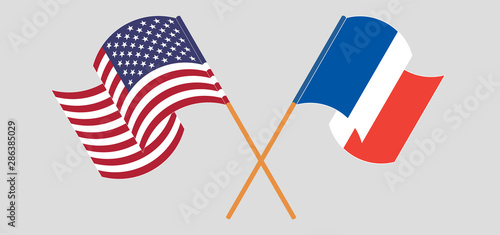 Crossed and waving flags of France and USA