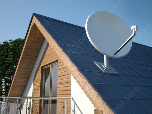Photographie Satellite dish on roof, 3D illustration