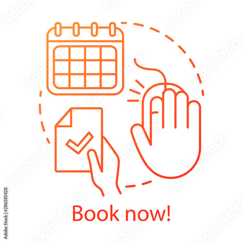 Book now concept icon. Holiday resort, interest club online booking website idea thin line illustration. Summer camp application, signup webpage. Vector isolated outline drawing. Editable stroke