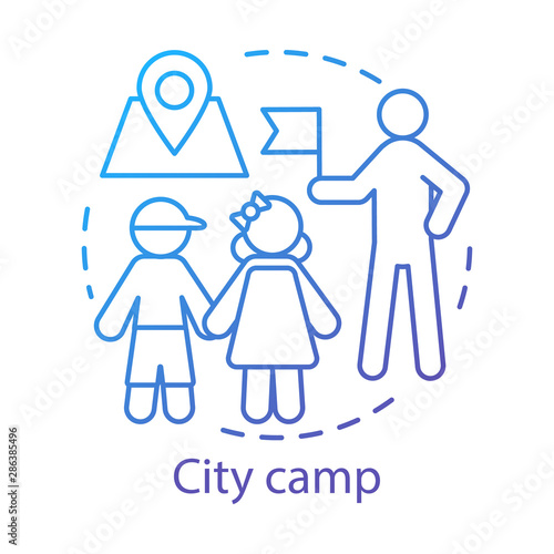 City camp concept icon. Summer urban children club, holiday pastime idea thin line illustration. Exploring town, visiting city landmarks. Vector isolated outline drawing. Editable stroke