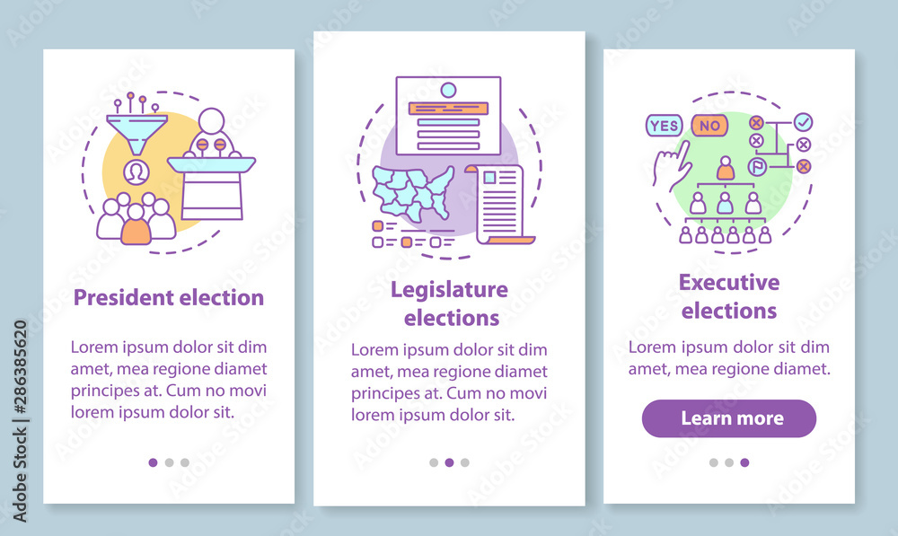 Fototapeta premium Elections onboarding mobile app page screen with linear concept. President, legislature, executive election. Three walkthrough steps graphic instructions. UX, UI, GUI vector template with illustration