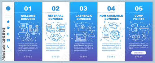 Casino bonuses onboarding mobile web pages vector template. Reward program. Responsive smartphone website interface idea with linear illustrations. Webpage walkthrough step screens. Color concept