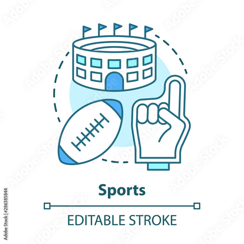 Sports concept icon. Producing and organizing sport activity idea thin line illustration. Business industry. Leisure time places, fitness products. Vector isolated outline drawing. Editable stroke