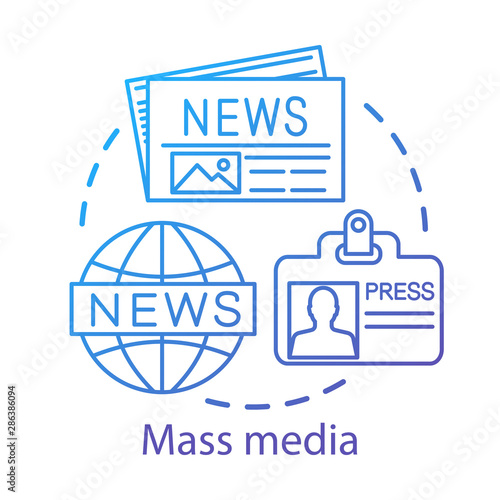 Mass media concept icon. News agency. Journalism. Information channel. Review of world events. Newspaper editorial office idea thin line illustration. Vector isolated outline drawing. Editable stroke