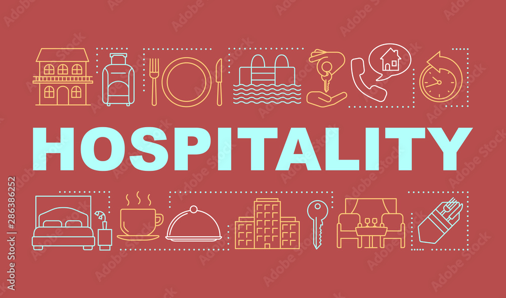 Hospitality word concepts banner. Lodging industry. Restaurant and hotel service. Presentation, website. Isolated lettering typography idea with linear icons. Vector outline illustration