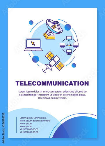 Telecommunication industry poster template layout. TV broadcasting. Banner, booklet, leaflet print design with linear icons. Vector brochure page layouts for magazines, advertising flyers