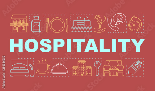 Hospitality word concepts banner. Lodging industry. Restaurant and hotel service. Presentation, website. Isolated lettering typography idea with linear icons. Vector outline illustration photo