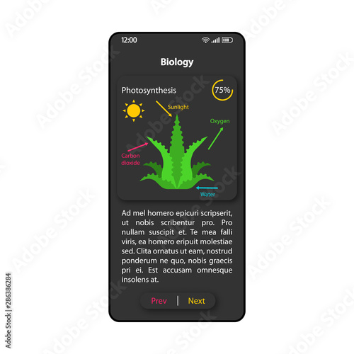 Biology science smartphone interface vector template. Mobile app page black design layout. Photosynthesis description screen. Flat UI for application. School subject self-study phone display