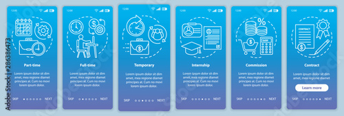 Jobs types blue onboarding mobile app page screen vector template. Part, full-time, temporary, internship. Walkthrough website steps with linear illustrations. UX, UI, GUI smartphone interface concept