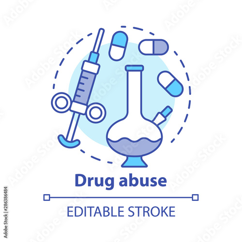 Drug abuse concept icon. Narcotic, opioid addiction idea thin line illustration. Bong, syringe and pills. Cocaine, heroin and marijuana. Substance abuse. Vector isolated drawing. Editable stroke