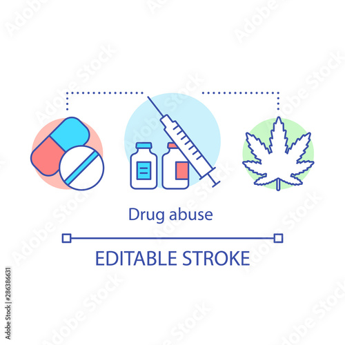Drug abuse concept icon. Narcotic, opioid addiction idea thin line illustration. Marijuana, painkillers, heroin addiction. Substance abuse problem. Vector isolated outline drawing. Editable stroke