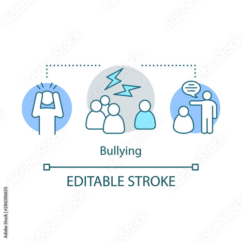 Bullying concept icon. Social prejudice, conflicts idea thin line illustration. Violence, oppression in society. Antisocial behavior, violence. Vector isolated outline drawing. Editable stroke