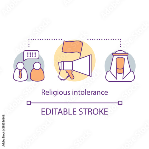 Religious intolerance concept icon. Discrimination thin line illustration. Social prejudice against muslims. Zero tolerance and religious persecution. Vector isolated outline drawing. Editable stroke