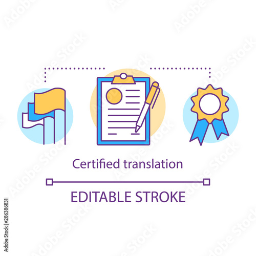 Translation services concept icon. Certified translation, interpretation idea thin line illustration. Interpreter, professional translator license. Vector isolated outline drawing. Editable stroke