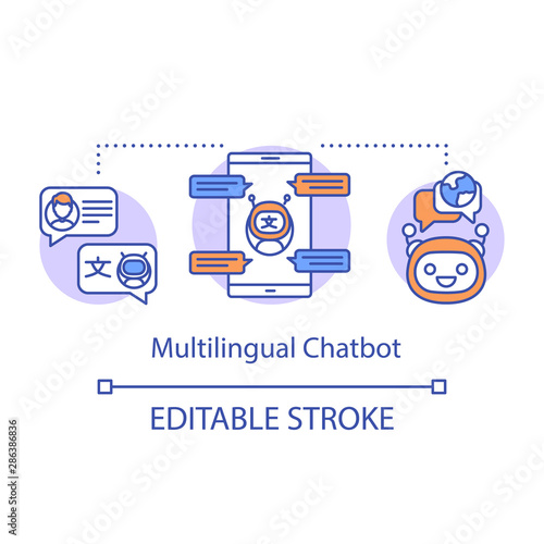 Translation services concept icon. Multilingual machine chatbot idea thin line illustration. AI powered messenger, programmed algorithm . Vector isolated outline drawing. Editable stroke