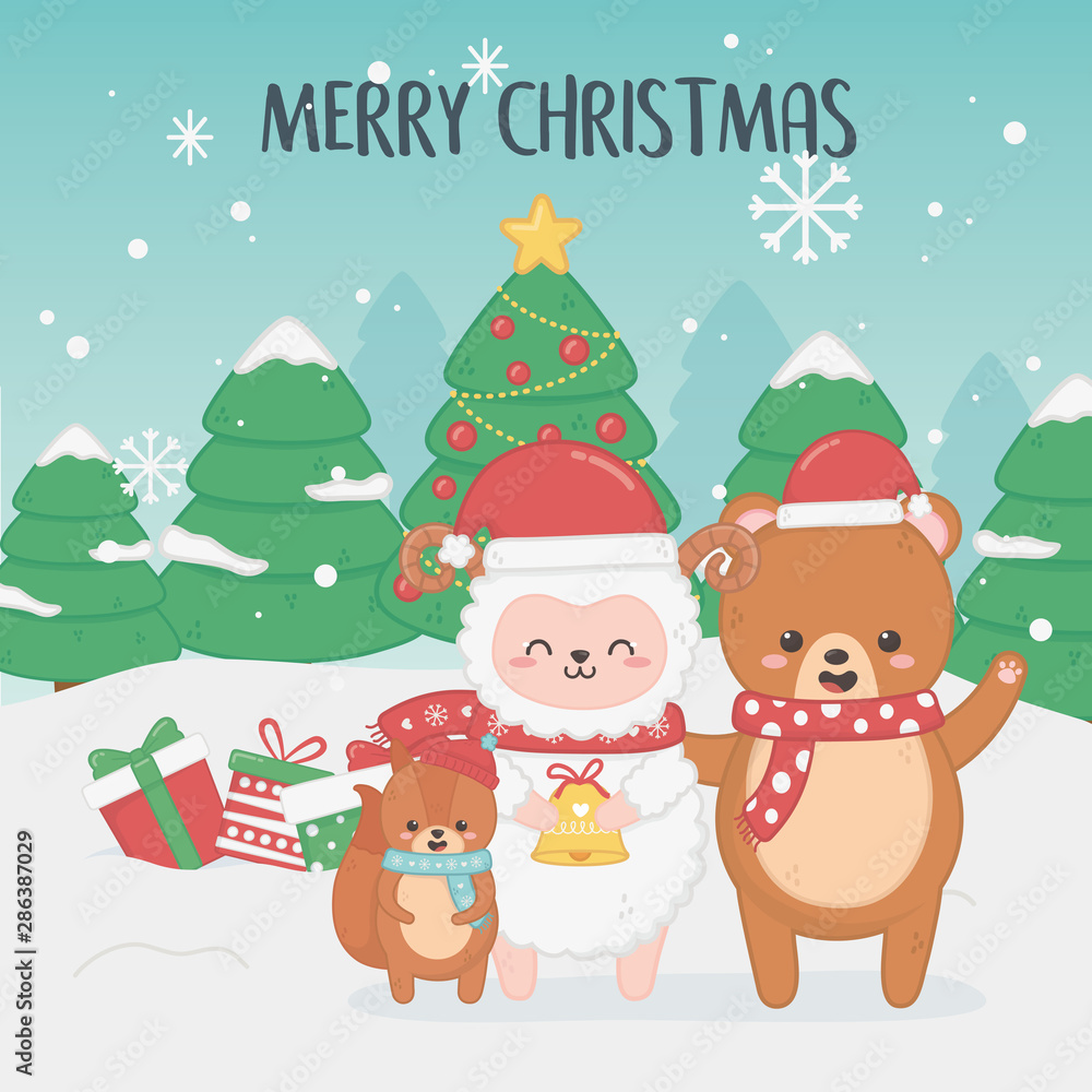 happy merry christmas card with group of animals