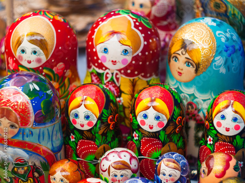 Matryoshka. Russian nesting doll. Wooden toys from Russia, colourful wooden dolls. Traditional Russian souvenir © Tunrida