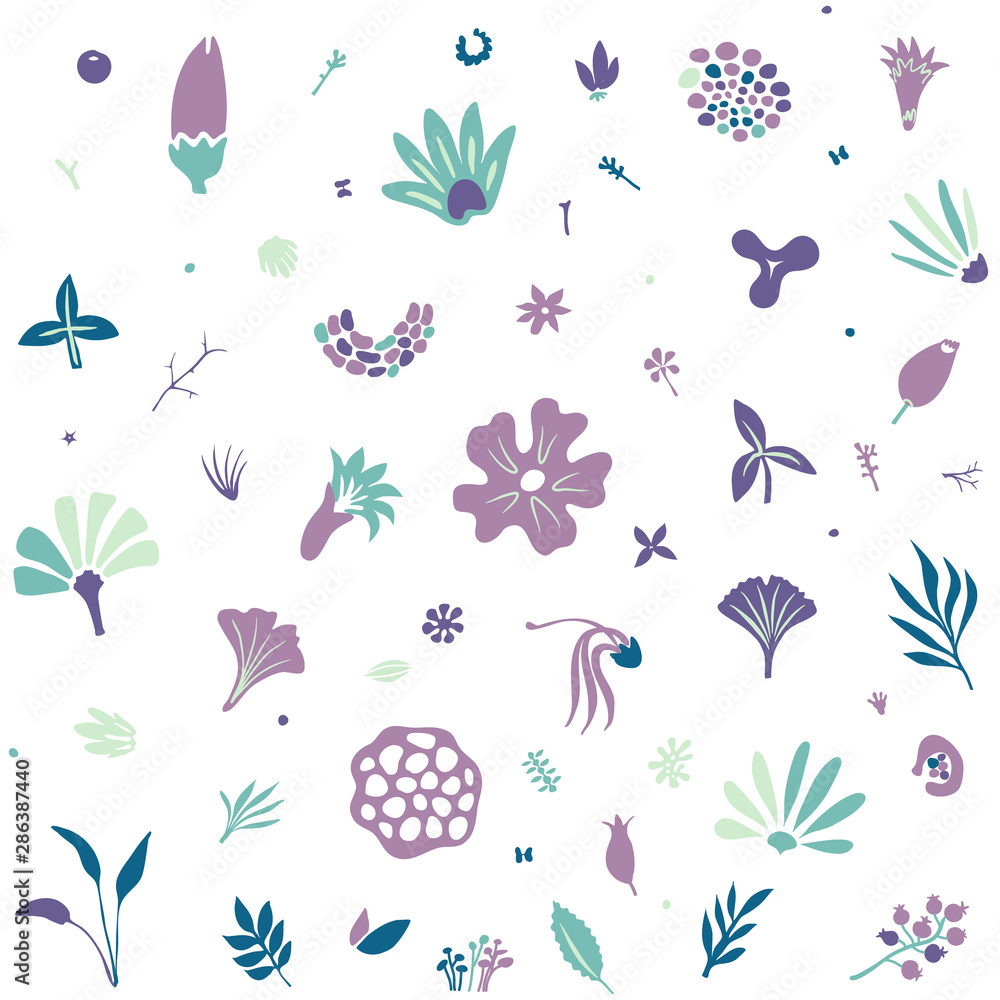 floral seamless tileable pattern with stylized plants and flowers