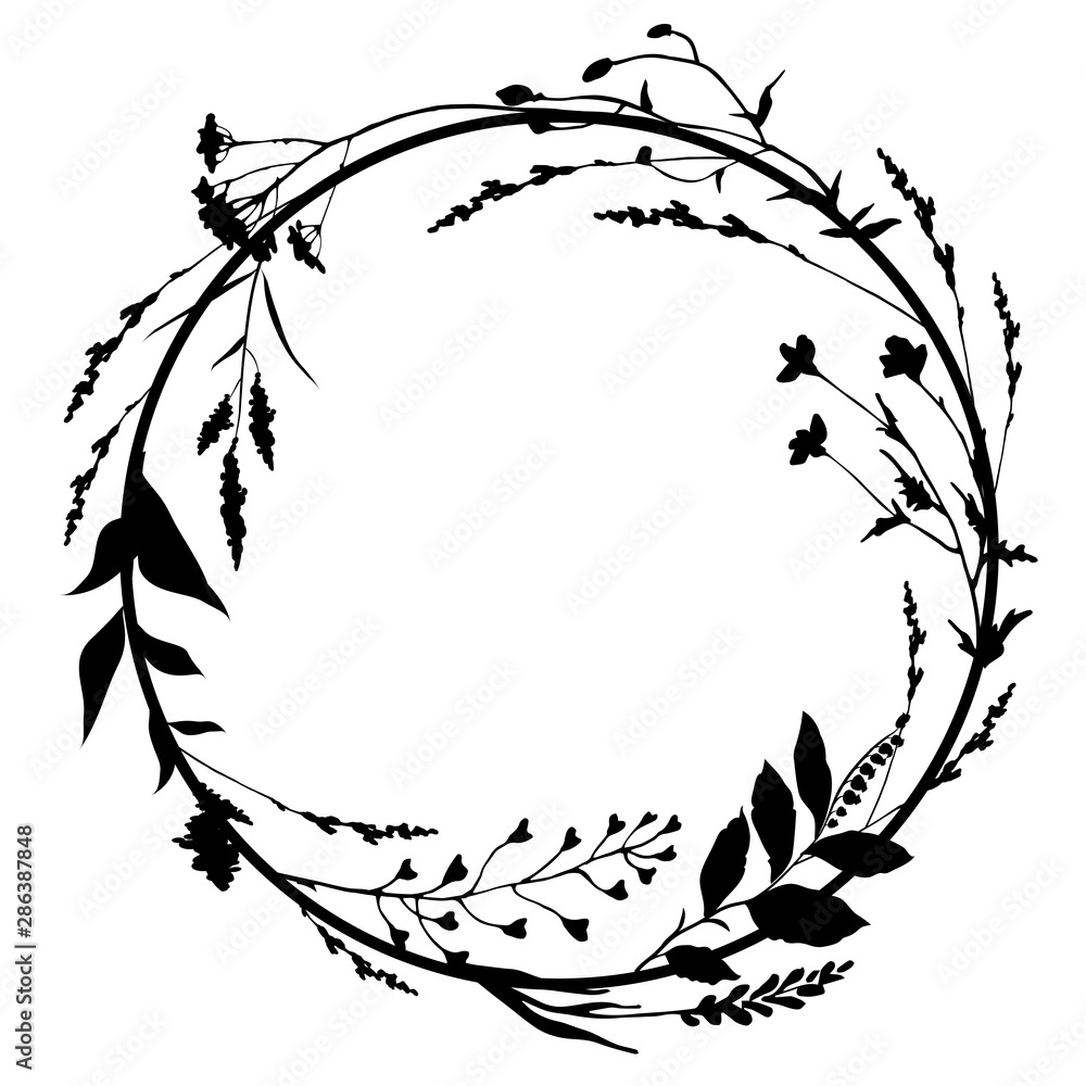 Round floral frame with black silhouettes of meadow herbs. Floral wreath. Wild grass. Vector illustration.