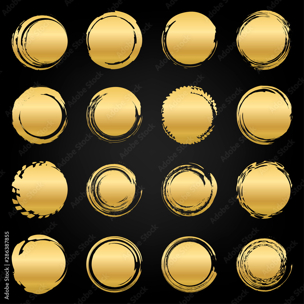 Set of gold round ink dynamic stains. Vector illustration. Set of gold round ink dynamic stains. Vector illustration.