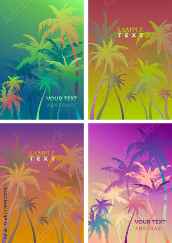 Tropic colorful backgrounds collection with palm tree silhouettes and space for text. Design elements. Vector illustration.