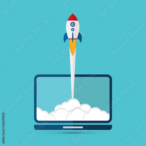 App launch. Startup vector concept, flat cartoon rocket or rocketship launch, mobile phone or smartphone, idea of successful business project start up, boost technology, innovation.