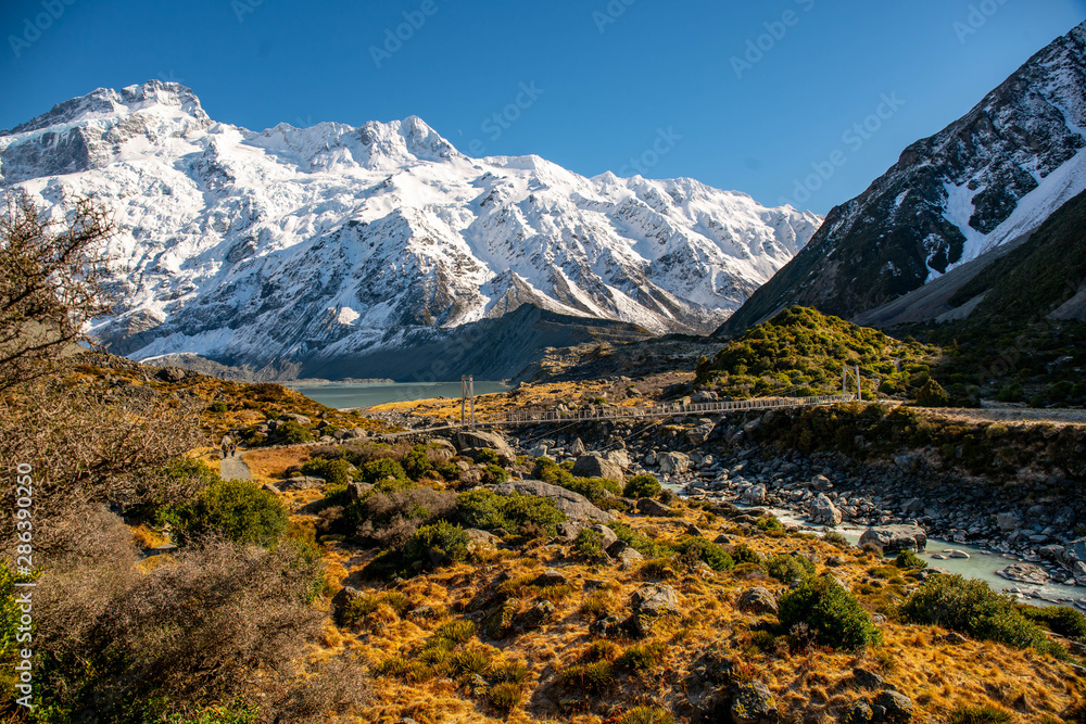 Dramatic Hooker valley track scenery in the snow capped Southern alps in Aoraki National Park in New Zealand