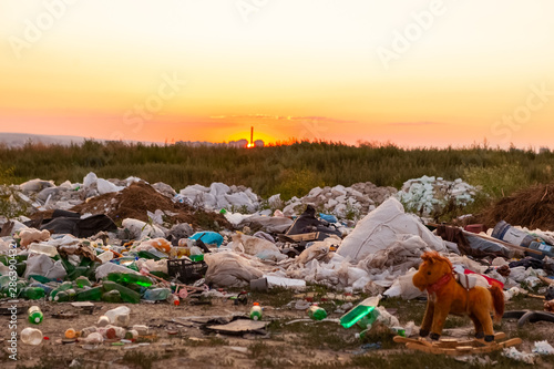 A bunch of trash in the middle of a meadow and a horse toy, during sunset.