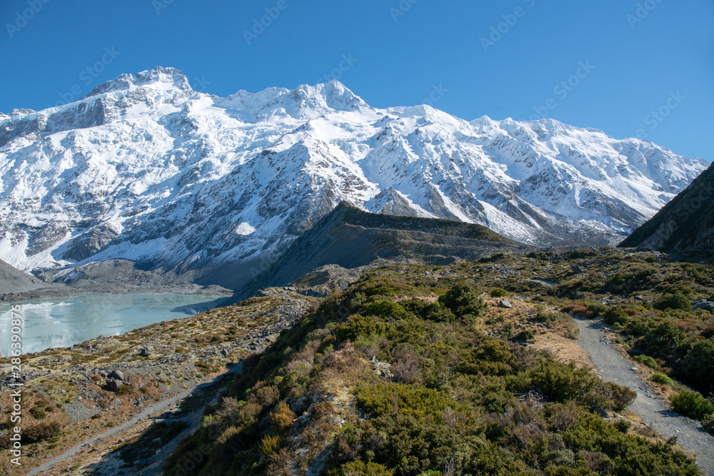 Dramatic Hooker valley track scenery in the snow capped Southern alps in Aoraki National Park in New Zealand