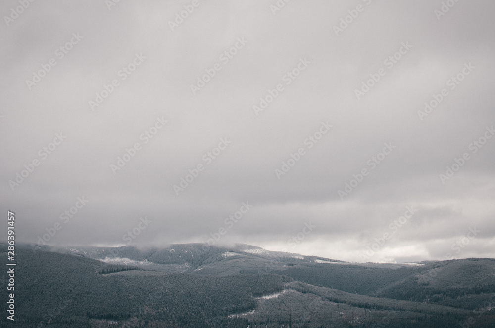 Skiing in Jeseniky mountains, typical misty weather on the top Skiing in Jeseniky mountains, typical misty weather on the top